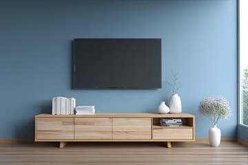 A minimalist living room features a flat-screen TV mounted on a light wood media console, complemented by simple decor