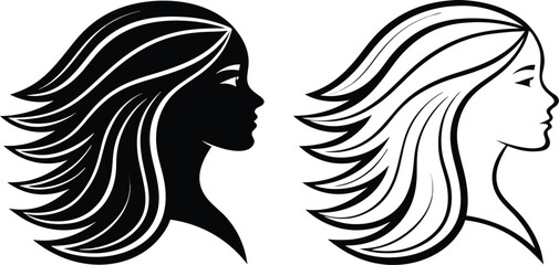 Elegant profile silhouettes of women with flowing hair in black and white contrast