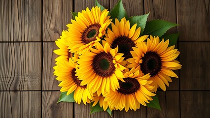 Vibrant sunflower arrangement on a rustic wooden surface, bathed in warm natural light from above.