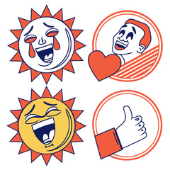 Obraz premium Illustration featuring two suns with faces and two icons of a man and a thumbs up sign