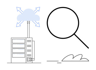 Server connecting to cloud with diverging arrows beside magnifying glass for analysis. Ideal for data storage, cloud technology, analysis, IT management, digital solutions, file research, simple flat