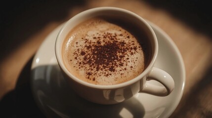 A high-angle close-up of a cup of black coffee with creamy foam on the rim, and a sprinkling of cocoa powder. The lighting is soft and warm, creating a cozy atmosphere. The focus is on the cup, with a