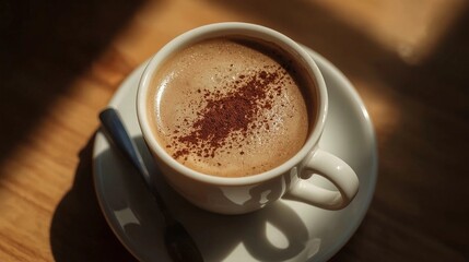 A high-angle close-up of a cup of black coffee with creamy foam on the rim, and a sprinkling of cocoa powder. The lighting is soft and warm, creating a cozy atmosphere. The focus is on the cup, with a