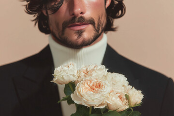 close up of a dark haired bearded man from the nose down standing behind pale pink flowers