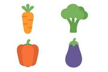 Assortment of fresh healthy organic vegetables including carrot broccoli bell pepper and eggplant in a simple flat design style