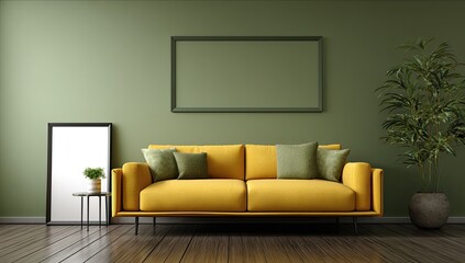 Fototapeta premium A minimalist living room features a mustard yellow sofa with olive green pillows, a dark wood floor, an olive green wall, and two framed empty canvases. A small potted plant sits on a side table