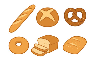Delicious assortment of freshly baked bread and pastry items including baguette, pretzel, bagel, round loaf, and sliced bread
