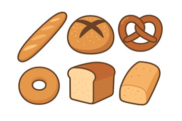 Assortment of freshly baked bread products including baguette, round loaf, pretzel, bagel, and sliced bread
