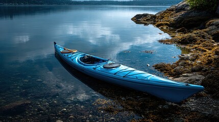 kayak. A kayak rests on the shoreline, reflecting calm blue waters in a serene natural setting. tourism brochures, itinerary planners, designed for travel destination branding.