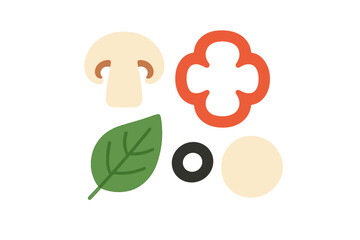 Assortment of fresh pizza ingredients with mushroom, bell pepper, spinach leaf, black olive, and cheese