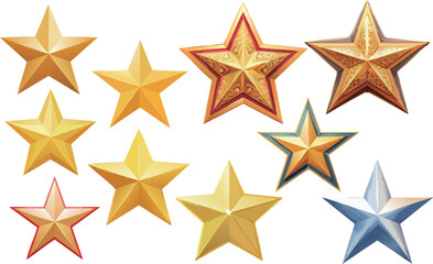 Set of golden and silver 3D star vector illustrations in various styles. Perfect for awards, rating icons, achievements, games, celebrations, holiday designs, and decorative graphic projects.