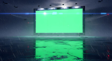 A large, illuminated billboard with a blank green screen stands in a dark, rainy environment.