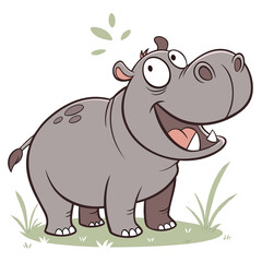 A cartoon hippopotamus standing in a grassy field with a happy expression and leaves above its head
