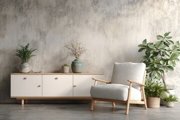 A minimalist living room scene features a light-grey armchair and a low white cabinet against a textured grey wall, complemented by potted plants