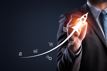 Business Growth and Digital Solutions, man hold rocket icon