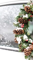 Snowy Christmas wreath on a car