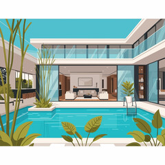Luxurious modern home with a swimming pool patio, large glass windows, and a view of the contemporary living room interior