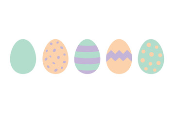 Horizontal row of five decorative pastel Easter eggs with various patterns for spring holiday celebration and design