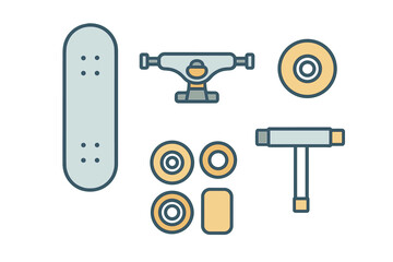 Essential skateboard components including deck, trucks, wheels, bearings, and T-tool for assembly and maintenance