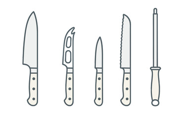 Essential kitchen cutlery set including chef's knife, cheese knife, paring knife, bread knife, and sharpening steel