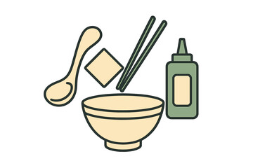 Collection of Asian dining essentials including bowl, chopsticks, spoon, and sauce bottle with food item