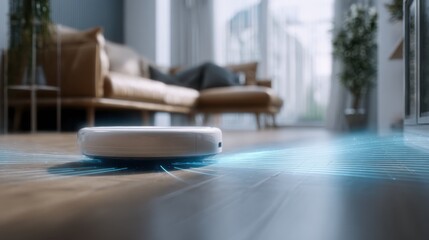 Medium shot of a robotic floor cleaner seamlessly navigating around furniture with AI sensors in focus background elements softly blurred to highlight smart automation.