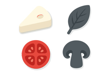 Obraz premium Assortment of fresh pizza ingredients including a slice of cheese, ripe tomato, aromatic basil leaf, and a mushroom cap