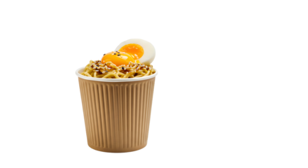 Cup of instant ramen noodles with half boiled egg on top isolated on black background, perfect for food blogs and recipes