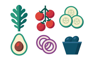 Assortment of fresh healthy organic vegetables and fruits including tomatoes, avocado, cucumber, onion, olives, and leafy greens