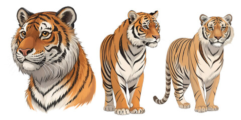 Obraz premium Various Tigers PNG – Cartoon and Realistic Tiger Illustrations on Transparent Background