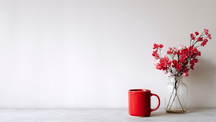 A minimalist scene featuring a red mug and a small glass vase filled with delicate pink flowers, set against a muted white backdrop.  The composition is simple and evokes a sense of calm