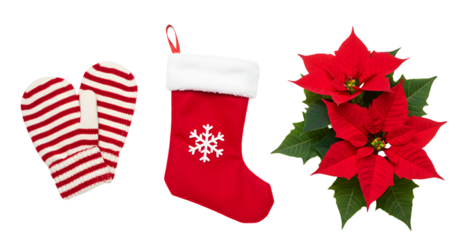 Christmas mittens, red stocking with snowflake, and vibrant poinsettia plant isolated on white background, perfect for holiday decorations