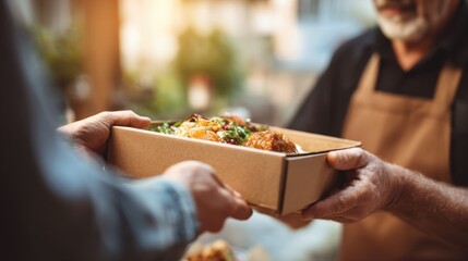 Medium shot of a gourmet frozen meal being placed into a clients hands by a professional courier with the background blurred to draw attention to the premium packaging.
