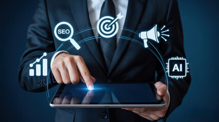 Businessman using tablet with digital marketing icons, seo, target, megaphone, and ai, representing modern business strategies and technology