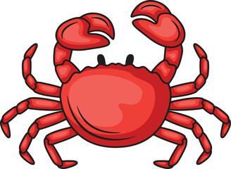 Cartoon red crab with claws raised on white background