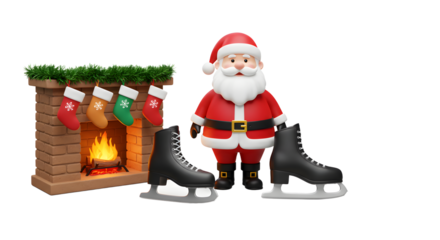 3D illustration of Santa Claus figure with ice skates near a decorated fireplace with stockings, perfect for Christmas holiday themes and winter celebrations