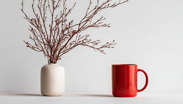 A minimalist still life featuring a cream vase holding dried reddish-brown branches and a red mug on a white surface against a white background - Powered by Adobe