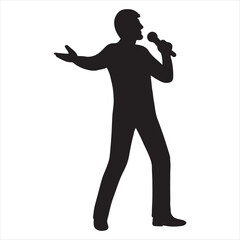 Silhouette of a male singer performing on stage holding a microphone and gesturing with his hand