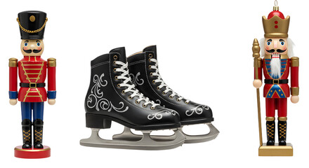 Black figure ice skates with white floral design and two traditional wooden nutcracker soldiers with red uniforms on white background, perfect for holiday and winter festivities