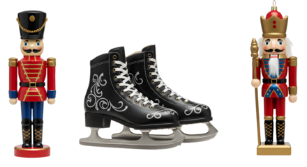 Black figure ice skates with white floral design and two traditional wooden nutcracker soldiers with red uniforms on white background, perfect for holiday and winter festivities