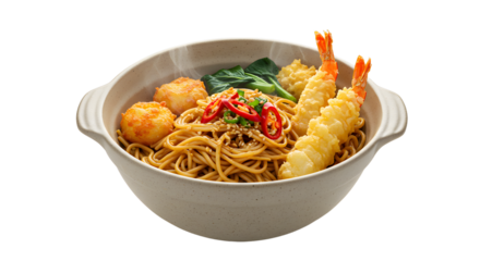 Asian noodle soup with tempura shrimp, fish balls, and chili peppers in a bowl, perfect for showcasing traditional Japanese cuisine or seafood dishes