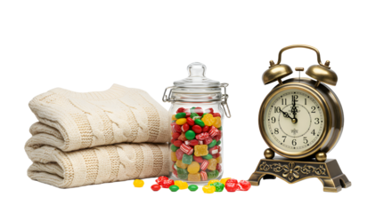 Cozy wool sweaters stacked next to a glass jar filled with colorful candy and a vintage brass alarm clock, perfect for home comfort and nostalgic vibes