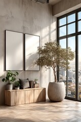 Stylish modern interior with blank posters and a panoramic city view