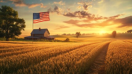 A breathtaking sunrise over Kansas wheat fields, featuring a rustic farmhouse adorned with an American flag, embodies rural tranquility.