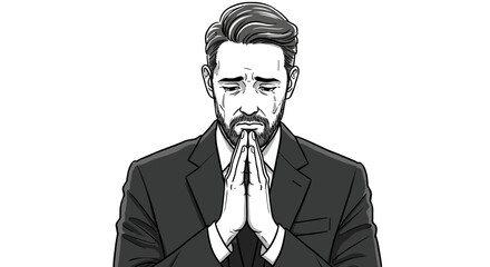 Man praying with hands clasped conveying strong emotion and hope isolated on transparent background