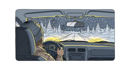 Person driving through snowy forest in vintage illustration style