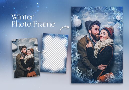 Winter Photo Frame Flyer Template & Frozen Photo Effect with Frosty Ice Border