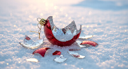 Shattered red Christmas ornament lying on white snow in winter  