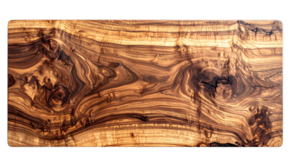 Close-up view of a richly textured wooden slab.  Natural wood grain patterns, dark and light tones.  Intricate swirls and knots