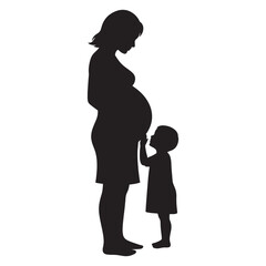 Silhouette of a pregnant woman holding her belly, with a young child looking up at her stomach, symbolizing family and new life